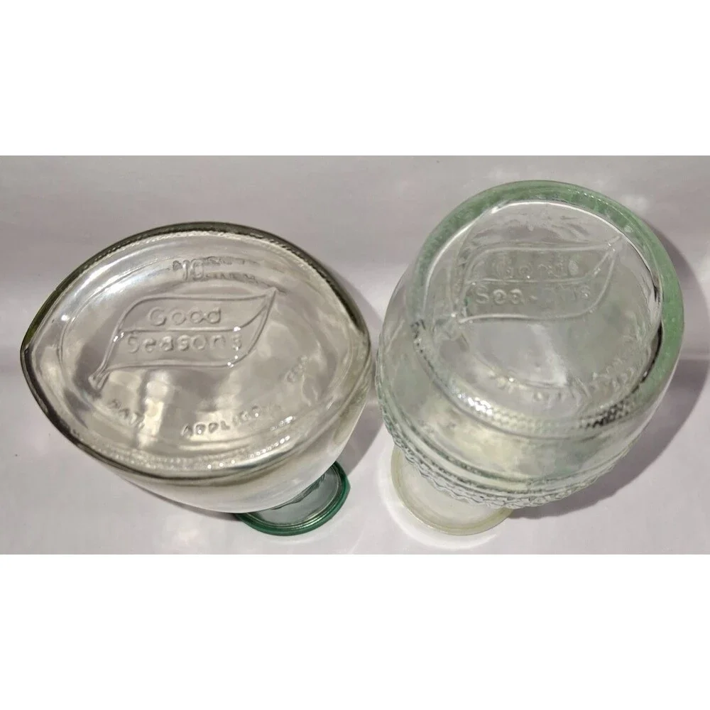 2 Vintage Good Seasons Glass Salad Dressing Measuring Cruets Green / White Lids